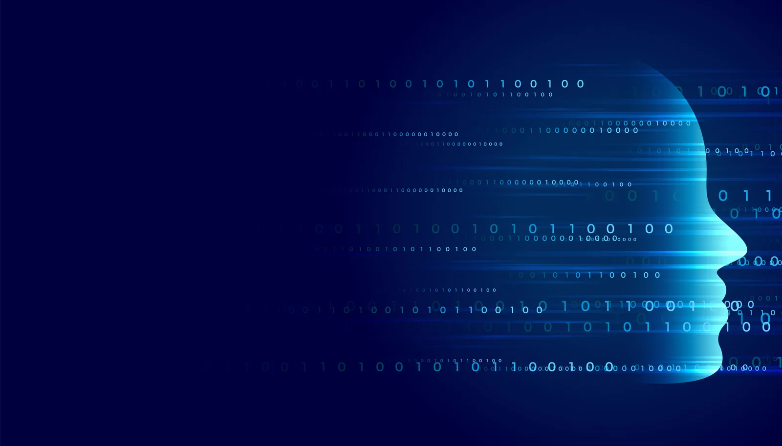 A human profile formed out of streaming binary code, in blue