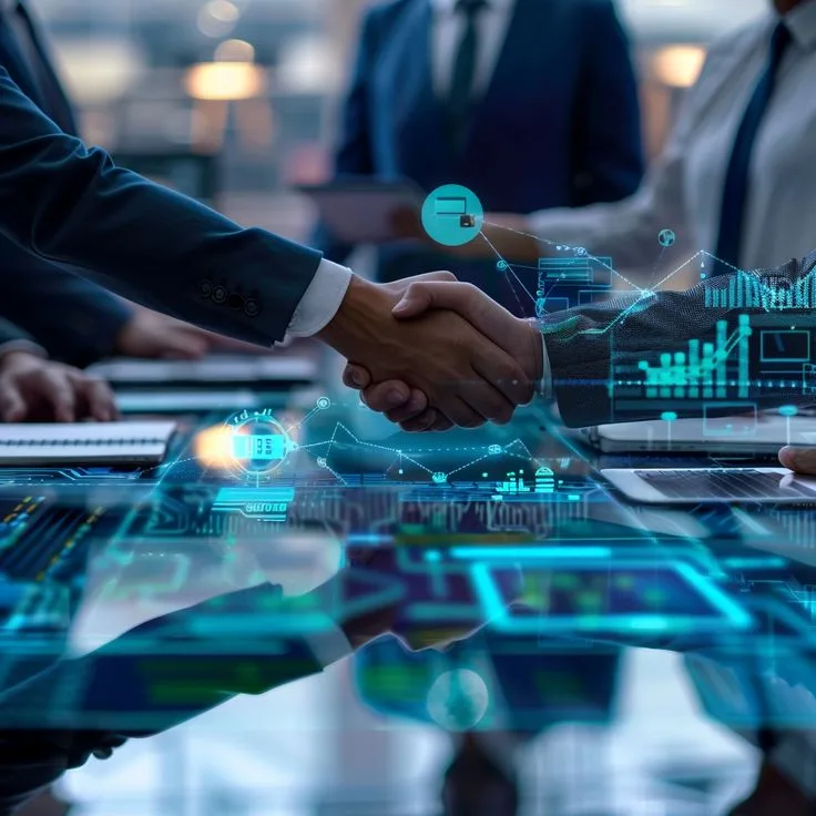 Two people shaking hands across a desk, overlaid with charts and data