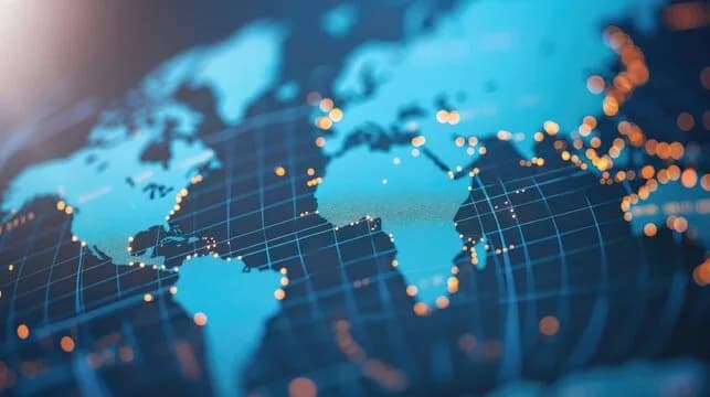 A world map with lit connection points across the continents