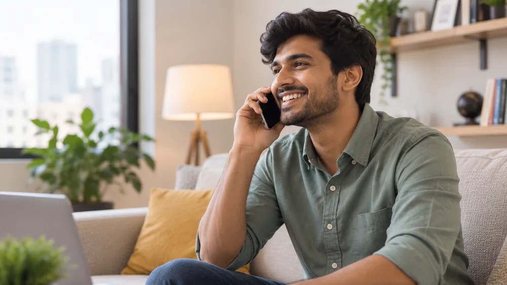 A man on a phone call at home, laptop open beside him