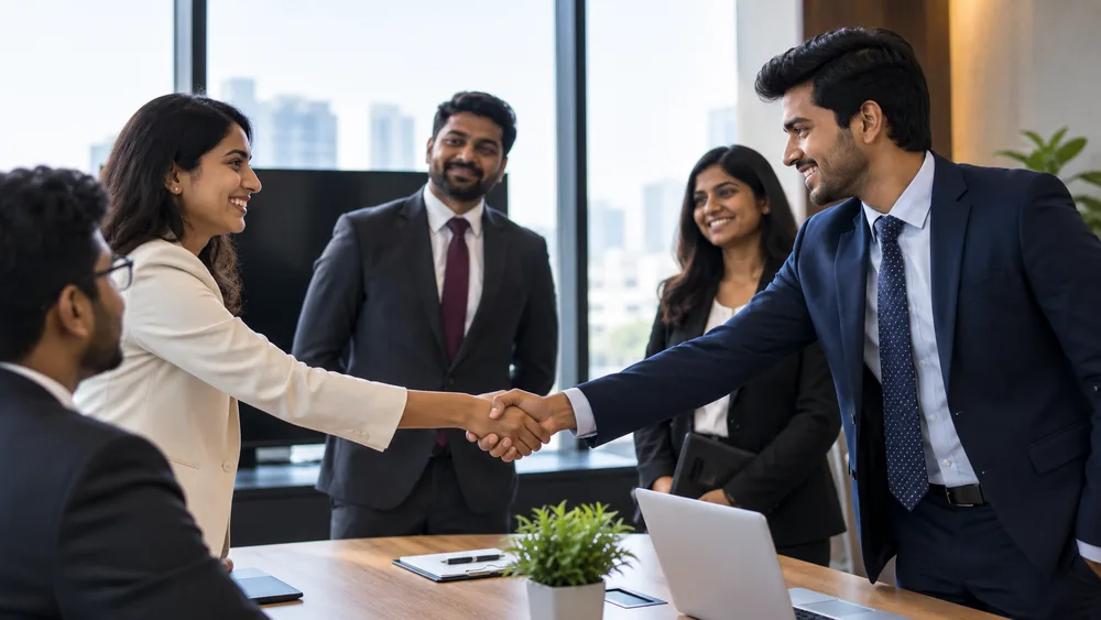 Two people shaking hands across a meeting table while colleagues look on
