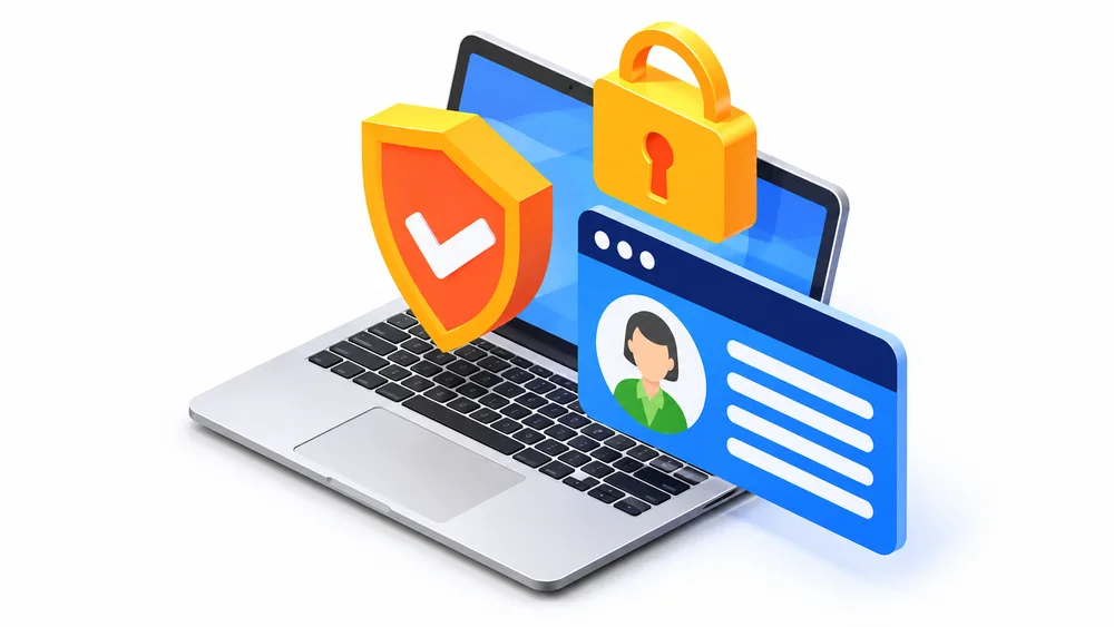 An identity record on screen behind a shield and padlock
