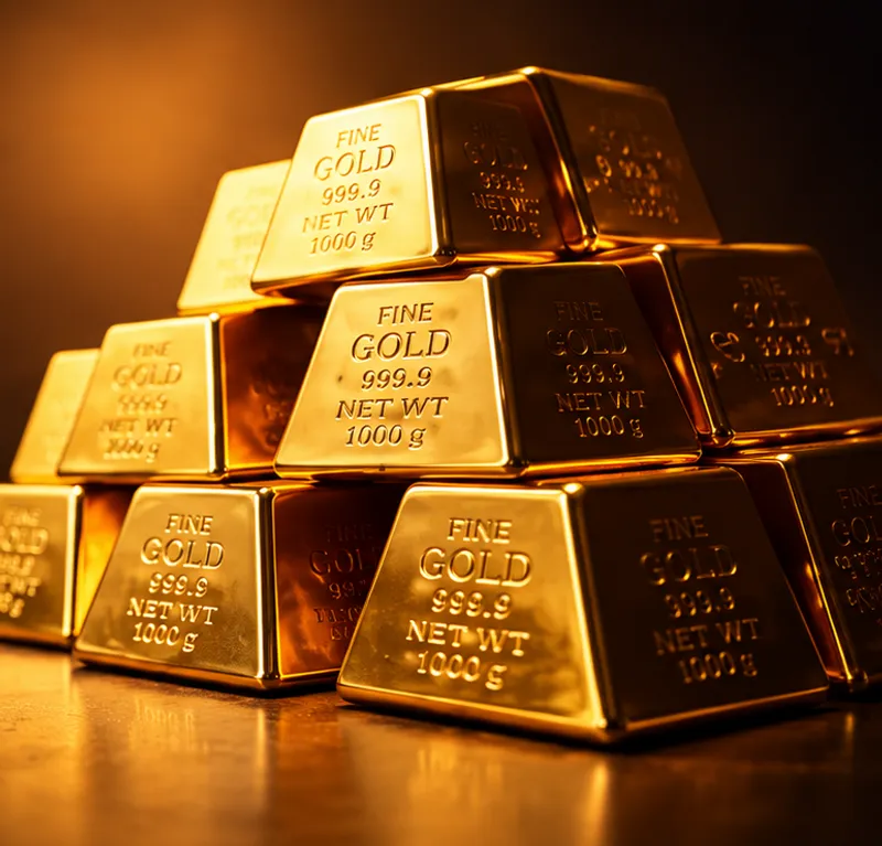A stack of fine gold bars, each stamped 999.9 and 1000 g