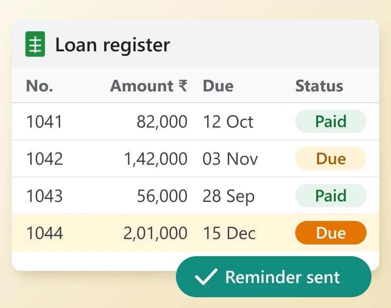 Illustration of the loan register as a spreadsheet, with loan numbers, loan amounts, due dates and paid or due status, and a reminder-sent message beside a loan that is due