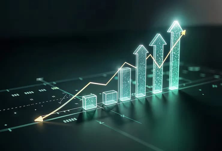 A rising line and bar chart, climbing steeply toward a peak